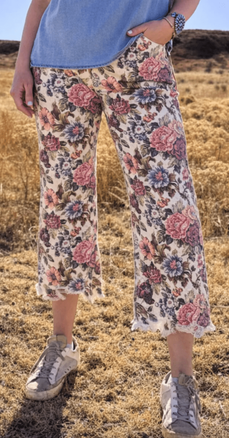 Vintage Floral Mid Rise Cropped Jeans - Whiskey Skies - STERLING KREEK
