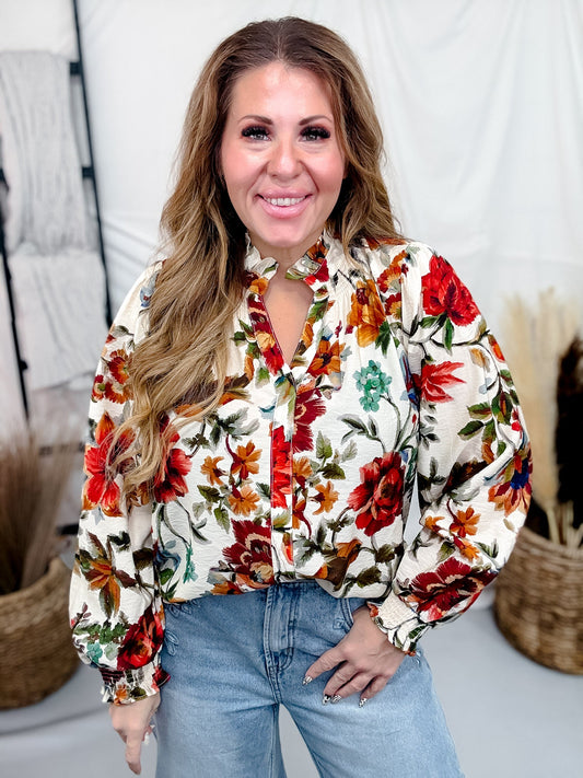 Vintage Inspired Floral Print Button Front Top In Ivory - Whiskey Skies - ODDI