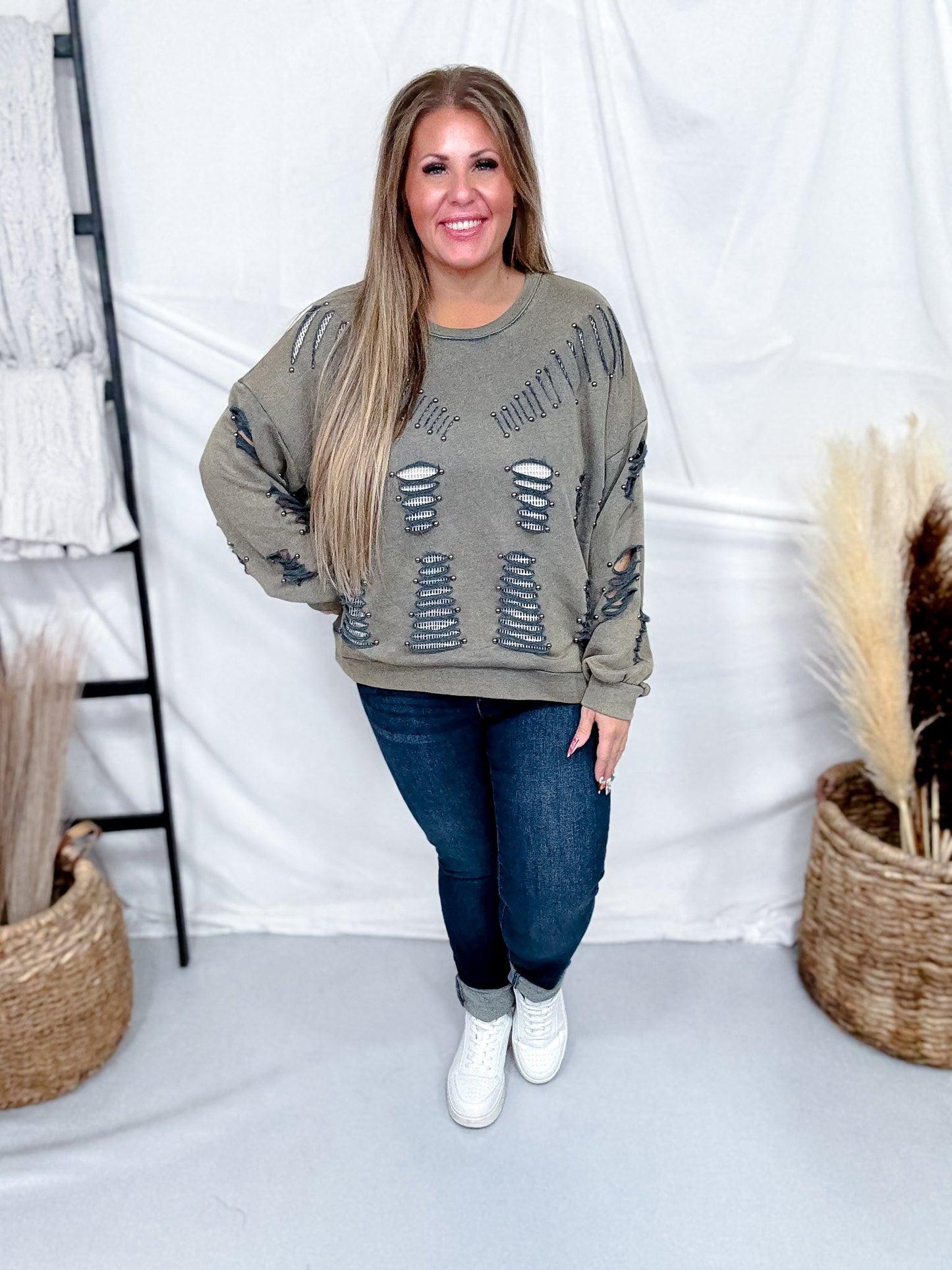Vintage Moss Distressed Sweatshirt W/ Studding Detail & Knit Liner - Whiskey Skies - POL CLOTHING INC.