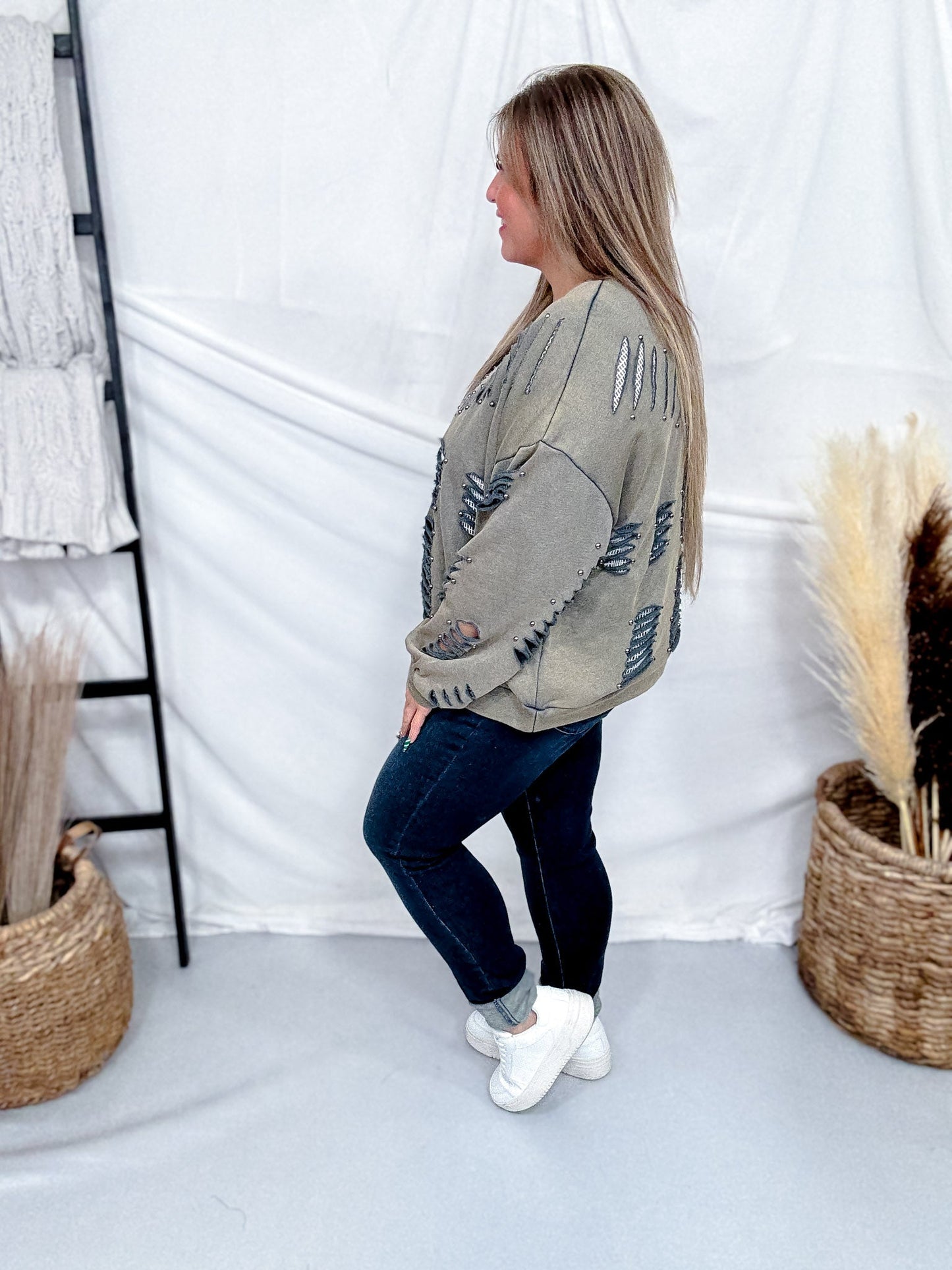 Vintage Moss Distressed Sweatshirt W/ Studding Detail & Knit Liner - Whiskey Skies - POL CLOTHING INC.