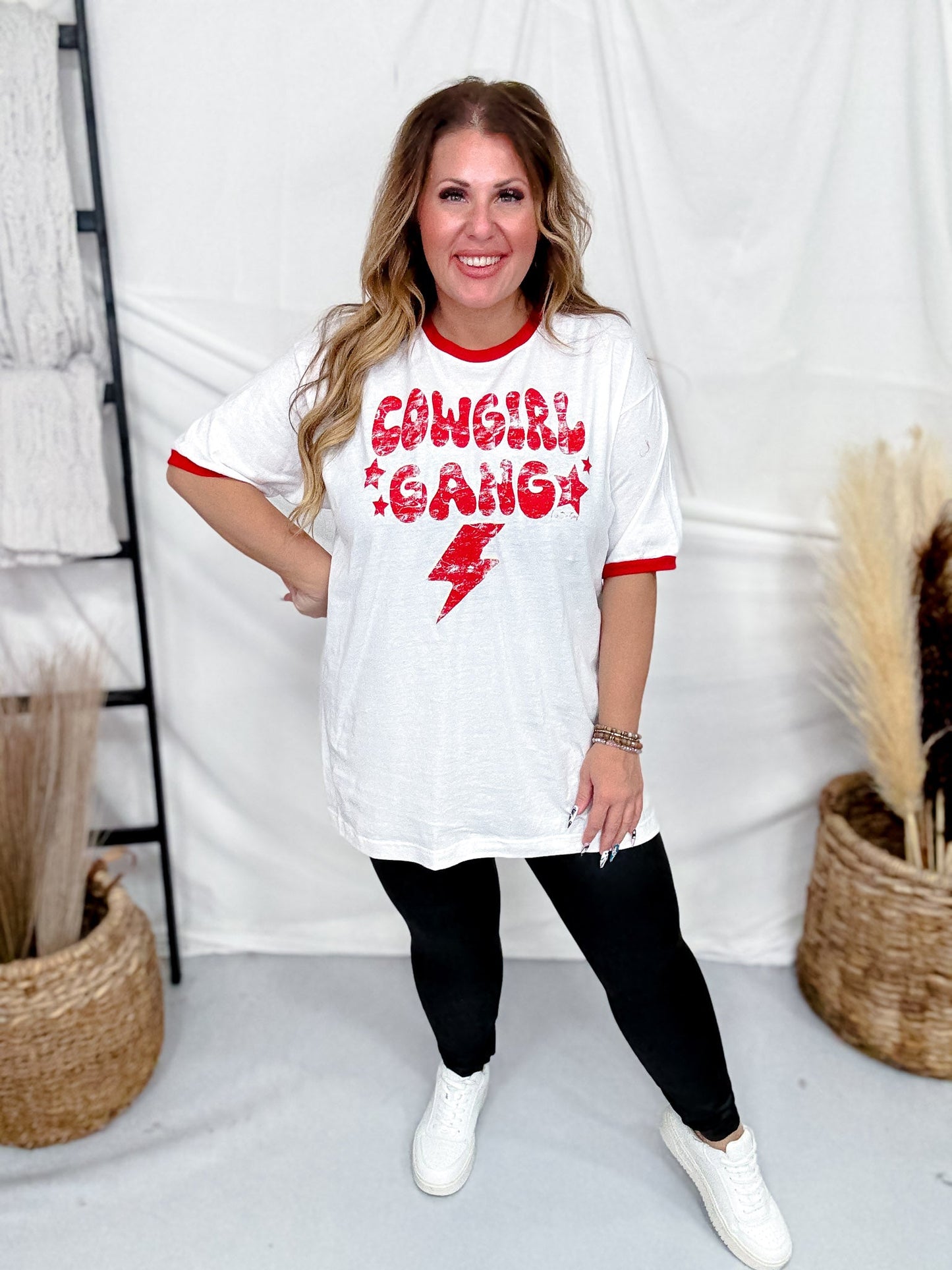 Vintage Ringer Short Sleeve "Cowgirl Gang" White T-Shirt - Whiskey Skies - COUNTRY DEEP