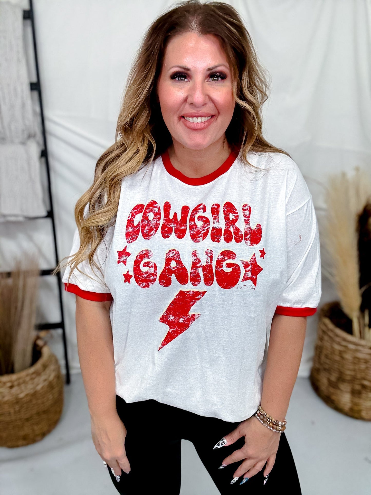 Vintage Ringer Short Sleeve "Cowgirl Gang" White T-Shirt - Whiskey Skies - COUNTRY DEEP