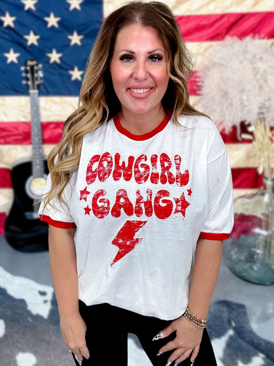 Vintage Ringer Short Sleeve "Cowgirl Gang" White T-Shirt - Whiskey Skies - COUNTRY DEEP