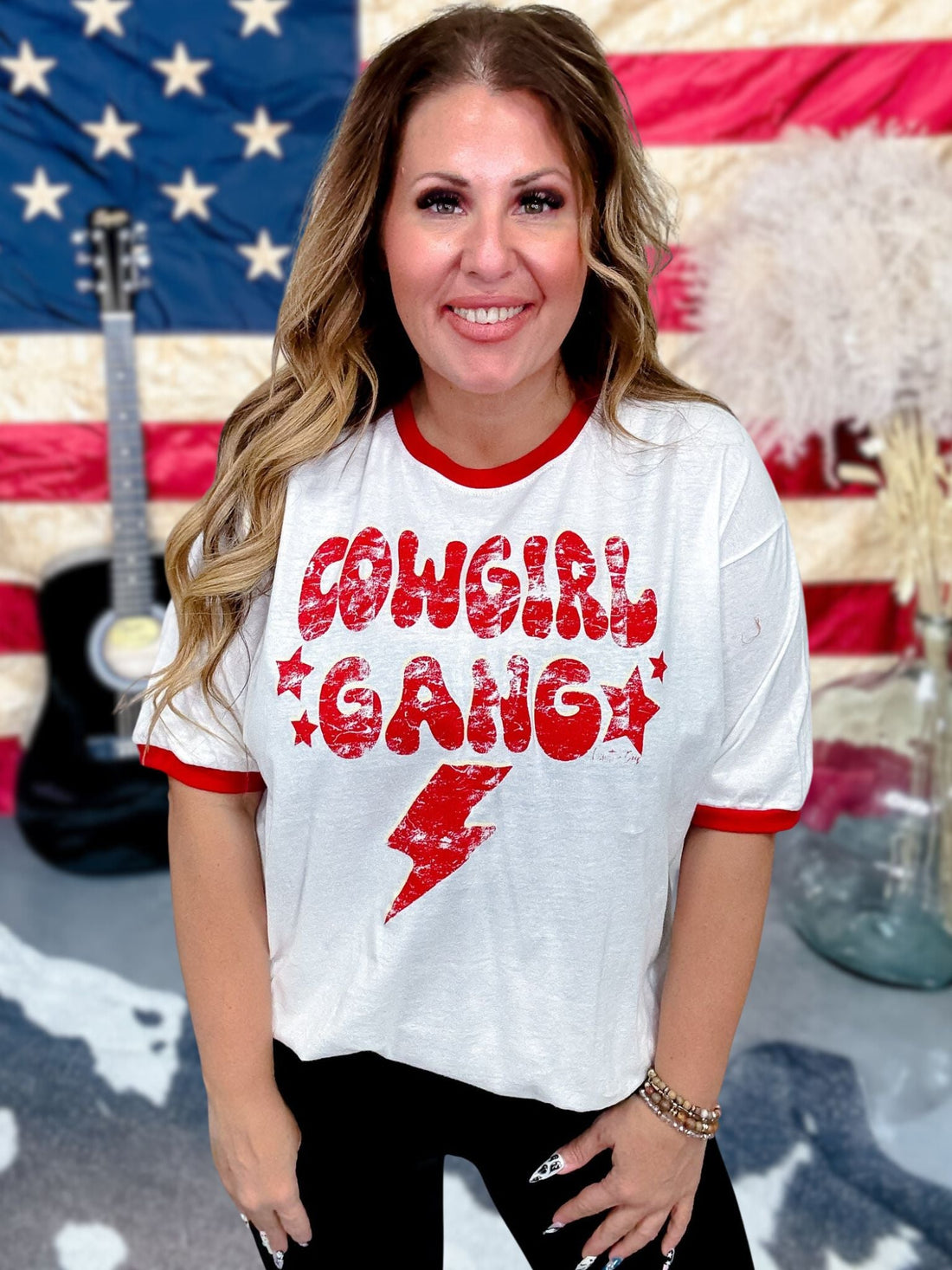 Vintage Ringer Short Sleeve "Cowgirl Gang" White T-Shirt - Whiskey Skies - COUNTRY DEEP