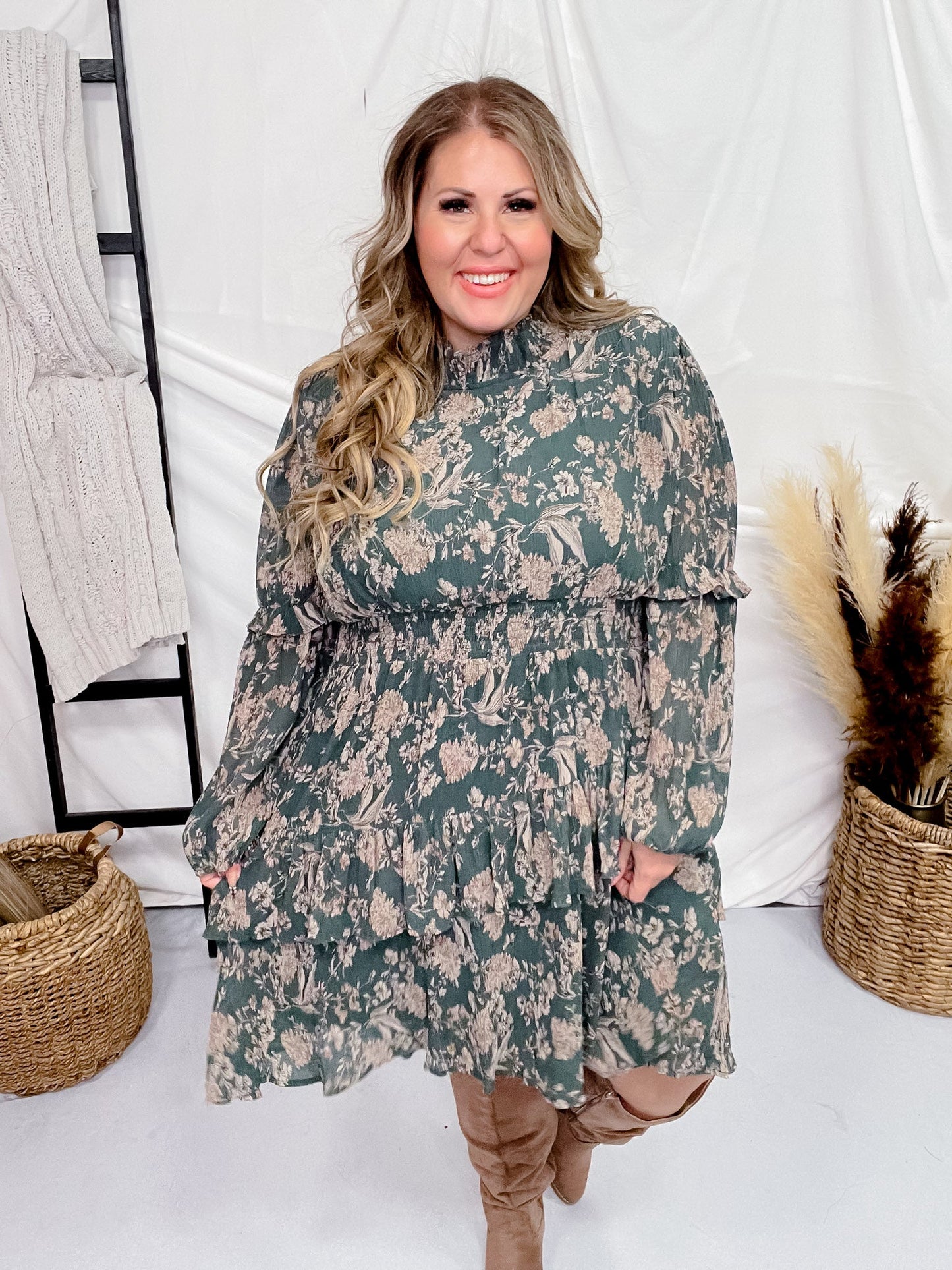 Vintage Smocked Neckline Pleated Green Dress - Whiskey Skies - HAYDEN