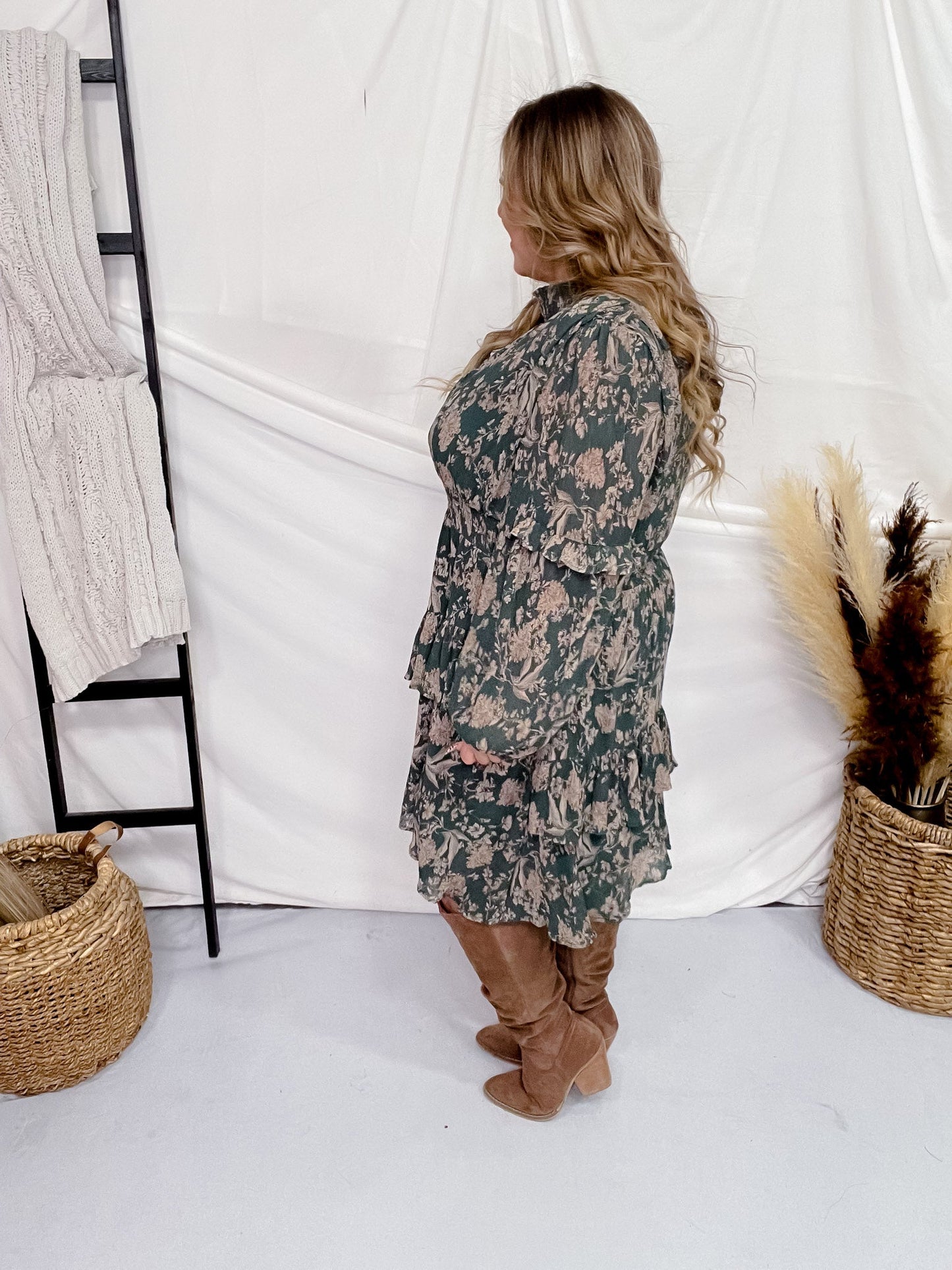 Vintage Smocked Neckline Pleated Green Dress - Whiskey Skies - HAYDEN