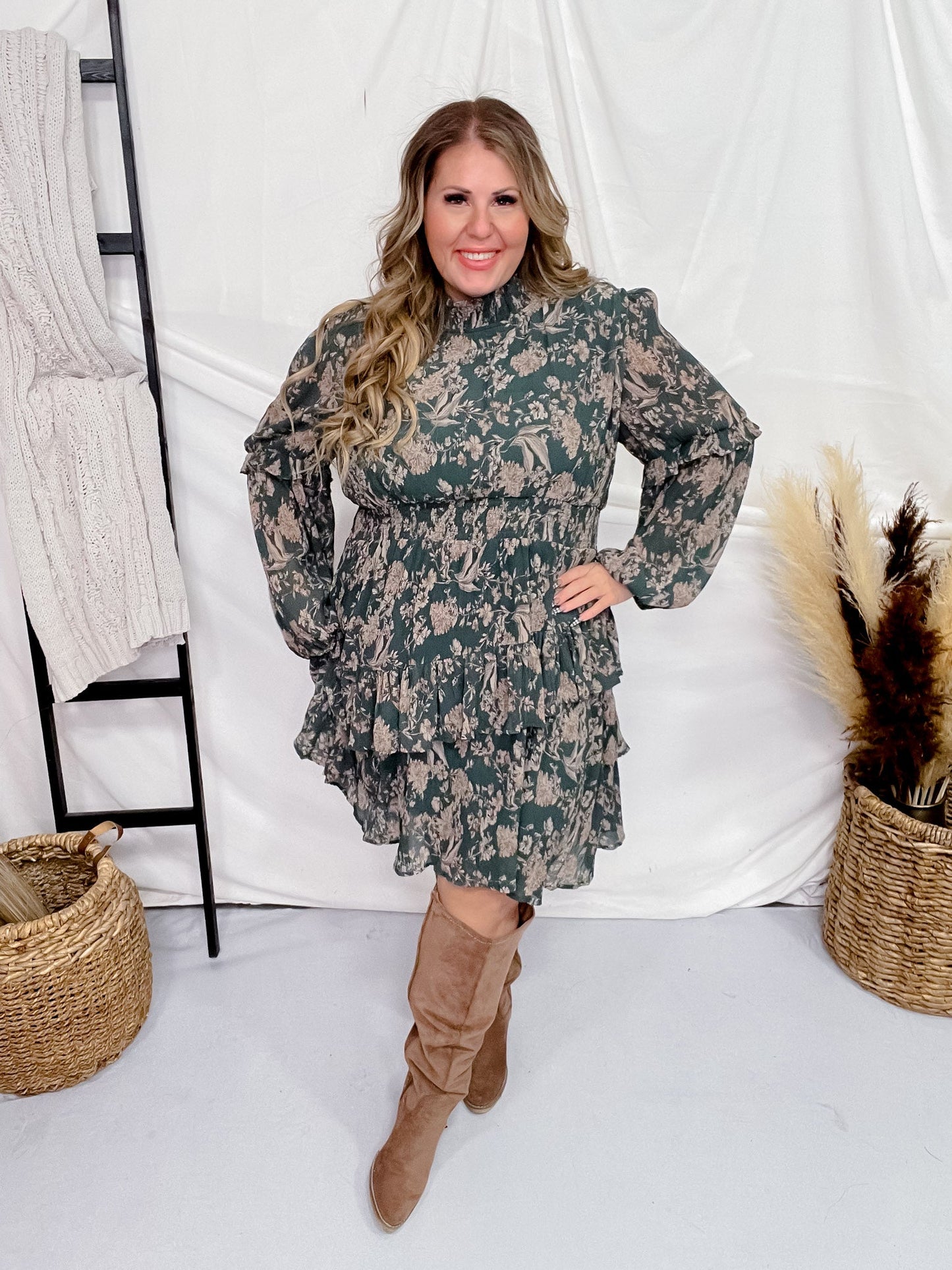 Vintage Smocked Neckline Pleated Green Dress - Whiskey Skies - HAYDEN