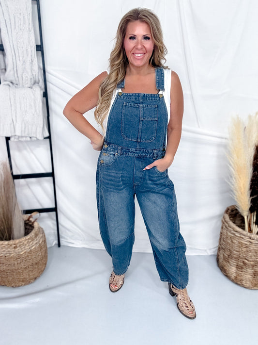 Vintage Wash Barrel Leg Denim Overalls - Whiskey Skies - ODDI