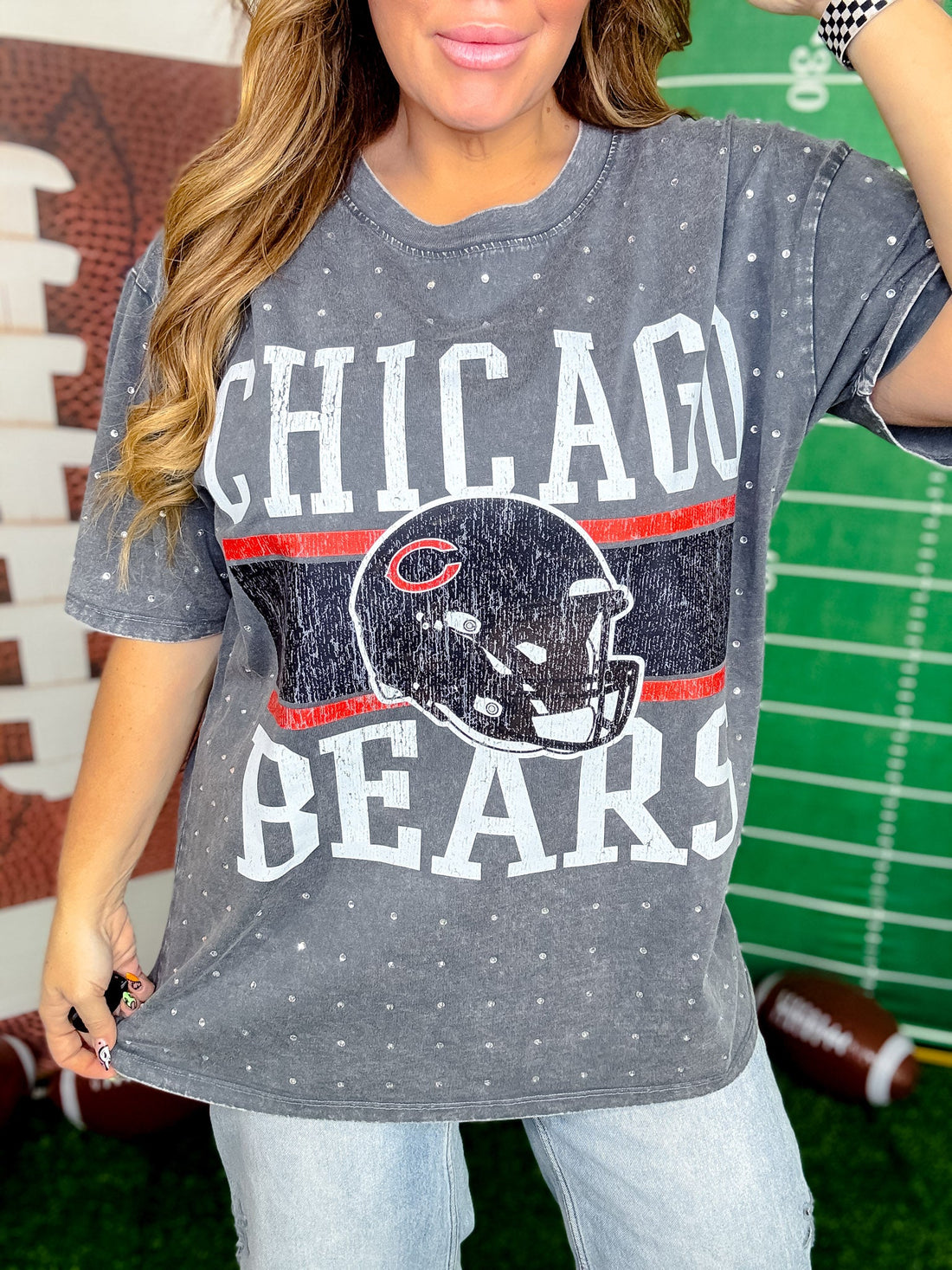 Vintage Wash Gray Licensed Chicago Bears Rhinestone Tee - Whiskey Skies - GAMEDAY COUTURE