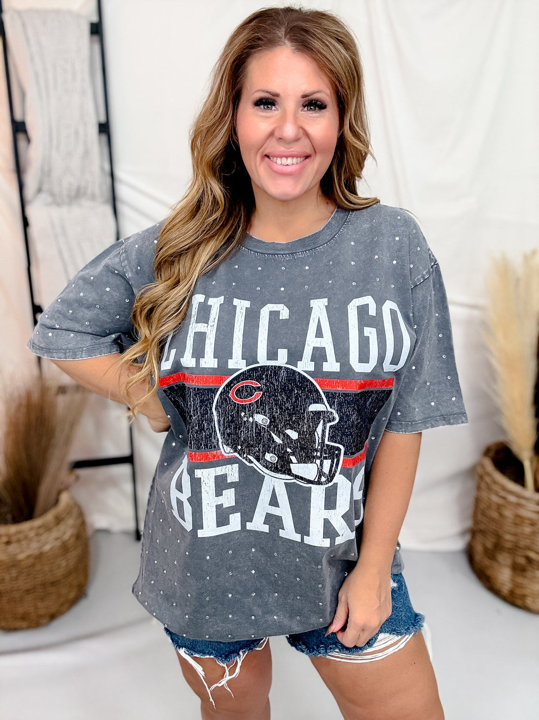 Vintage Wash Gray Licensed Chicago Bears Rhinestone Tee - Whiskey Skies - GAMEDAY COUTURE