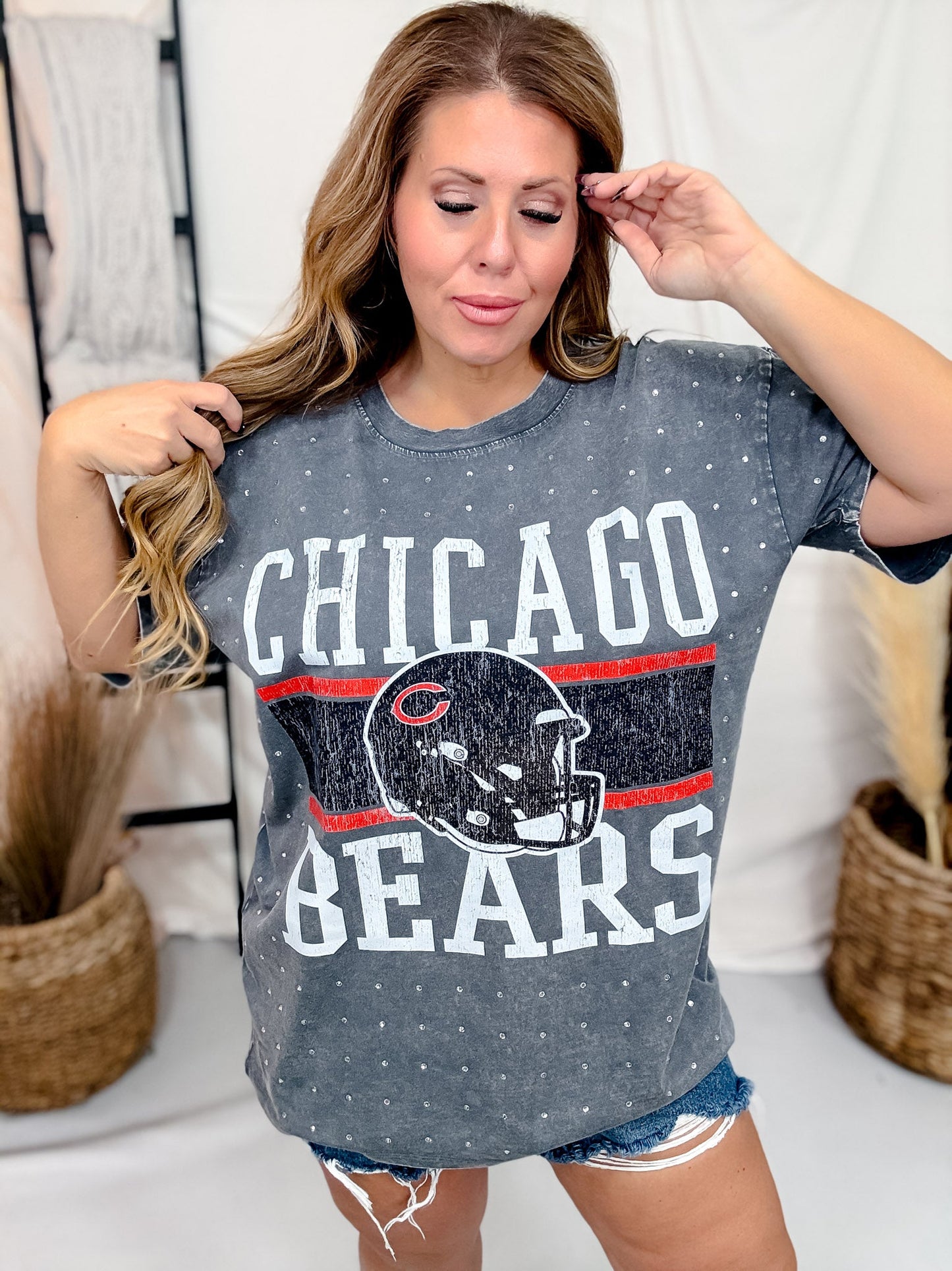 Vintage Wash Gray Licensed Chicago Bears Rhinestone Tee - Whiskey Skies - GAMEDAY COUTURE