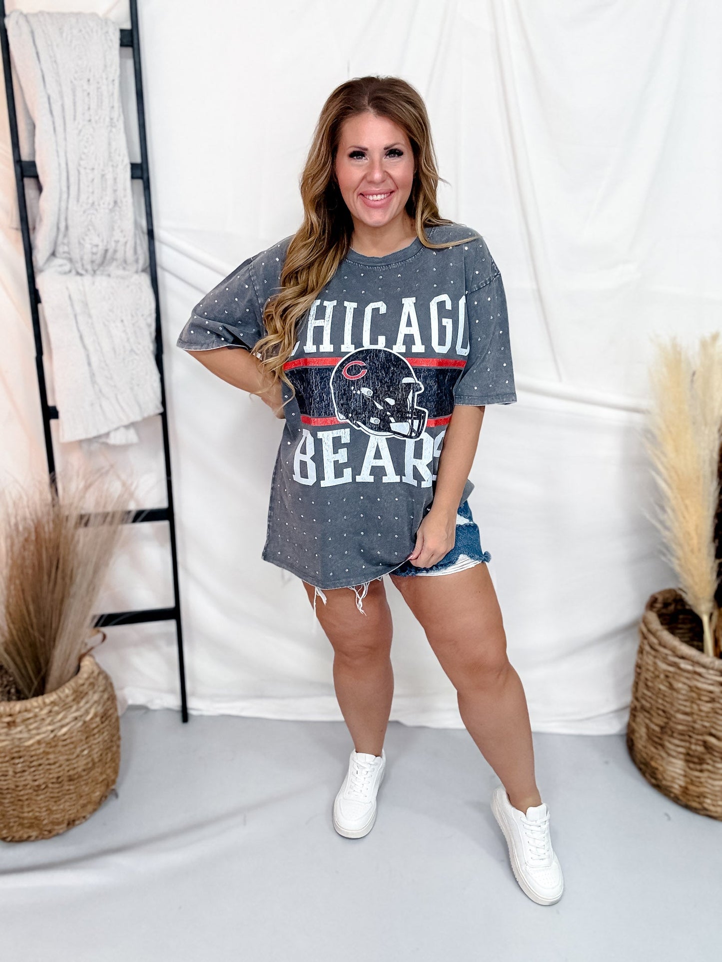 Vintage Wash Gray Licensed Chicago Bears Rhinestone Tee - Whiskey Skies - GAMEDAY COUTURE
