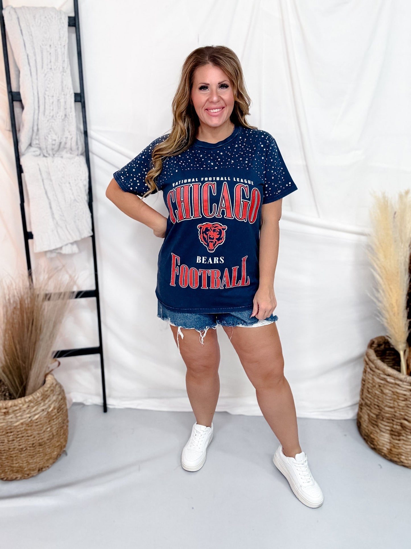 Vintage Wash Navy Licensed Chicago Bears Tee With Rhinestones - Whiskey Skies - GAMEDAY COUTURE