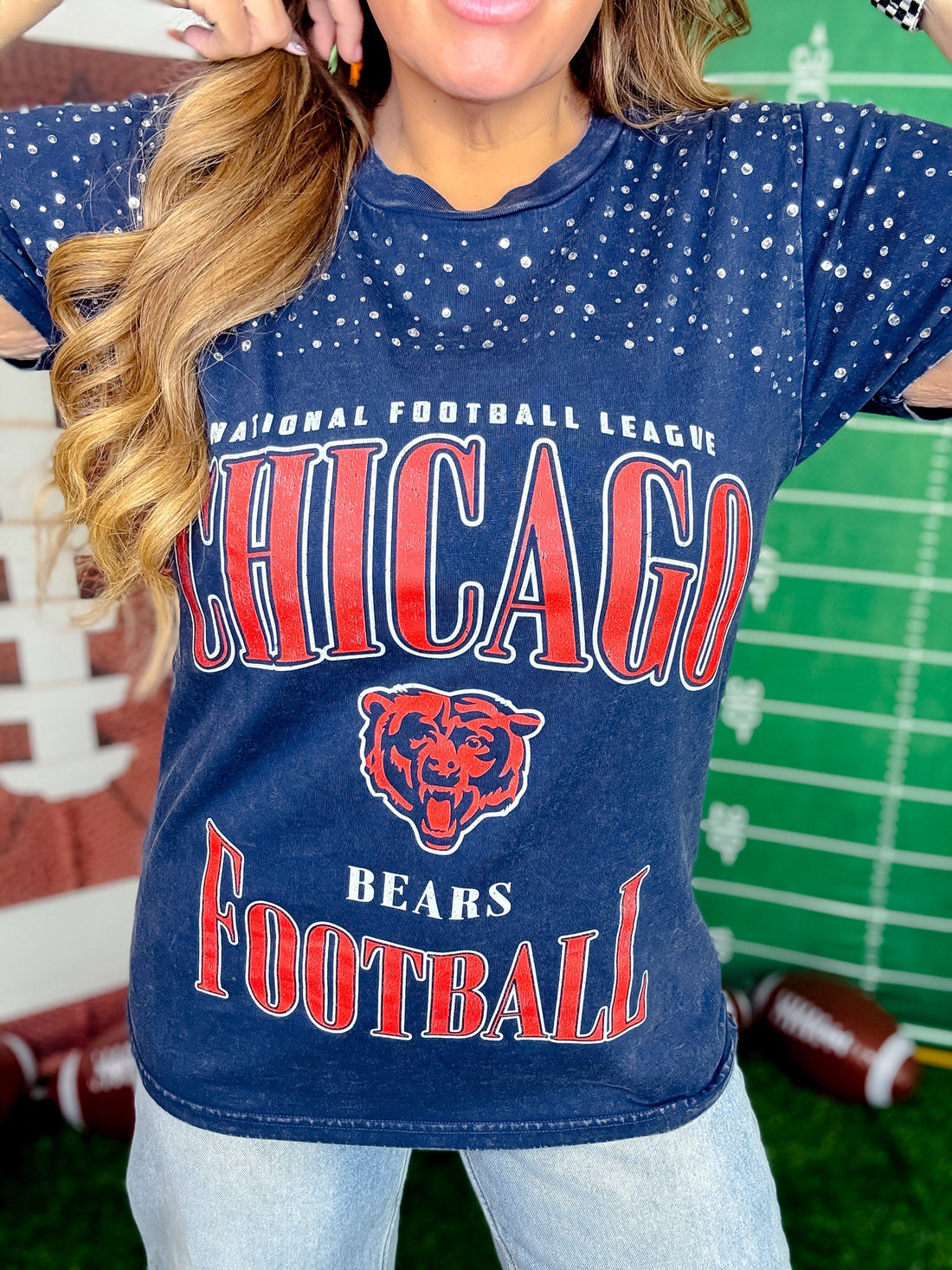 Vintage Wash Navy Licensed Chicago Bears Tee With Rhinestones - Whiskey Skies - GAMEDAY COUTURE