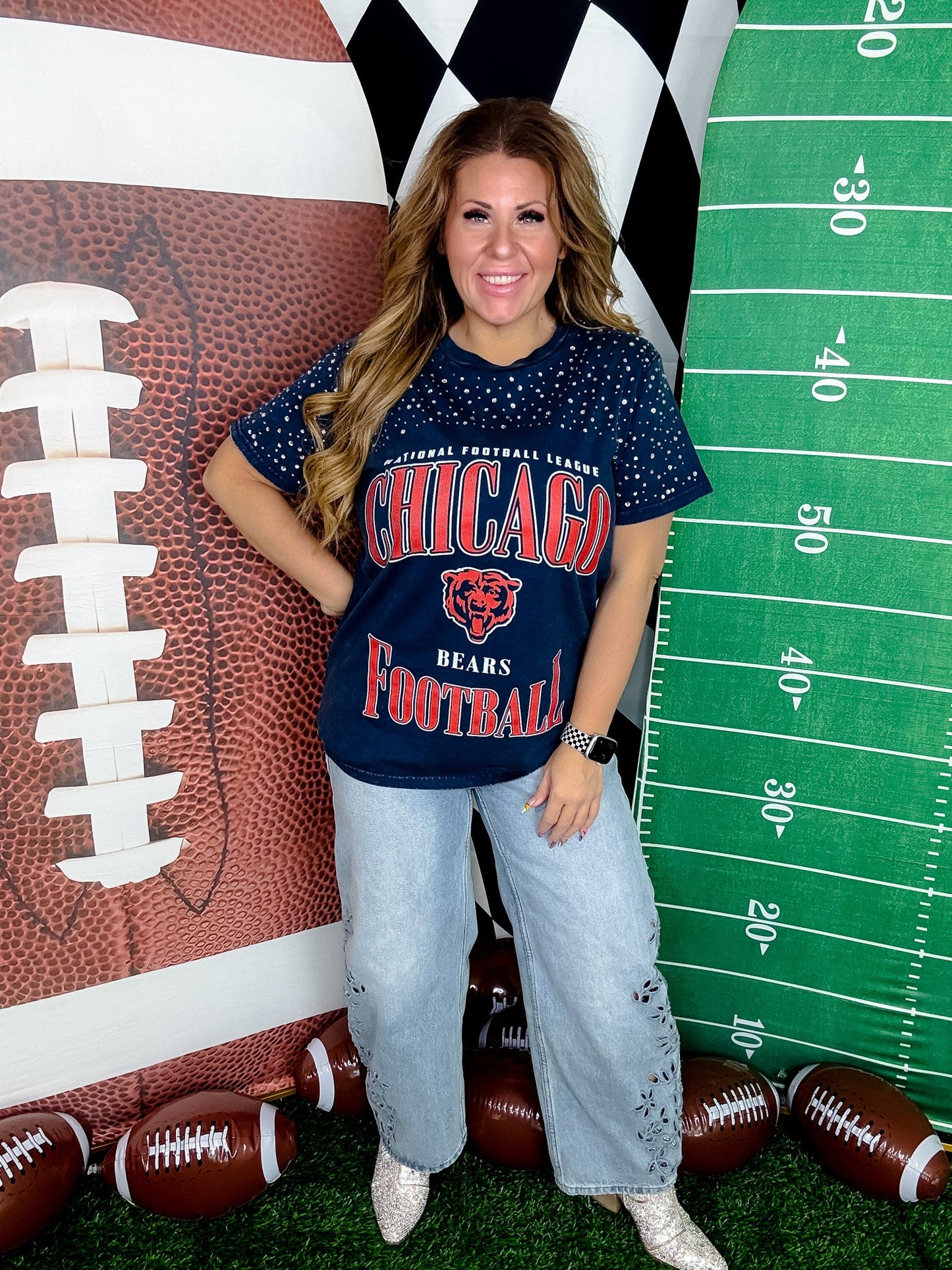 Vintage Wash Navy Licensed Chicago Bears Tee With Rhinestones - Whiskey Skies - GAMEDAY COUTURE