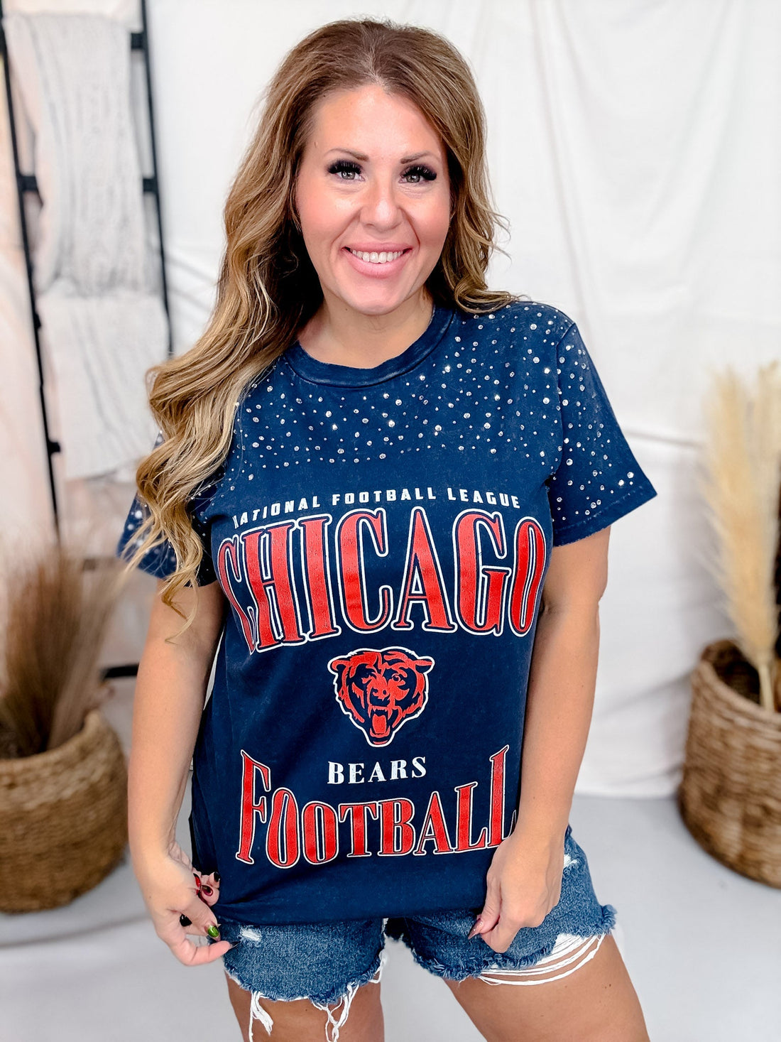 Vintage Wash Navy Licensed Chicago Bears Tee With Rhinestones - Whiskey Skies - GAMEDAY COUTURE