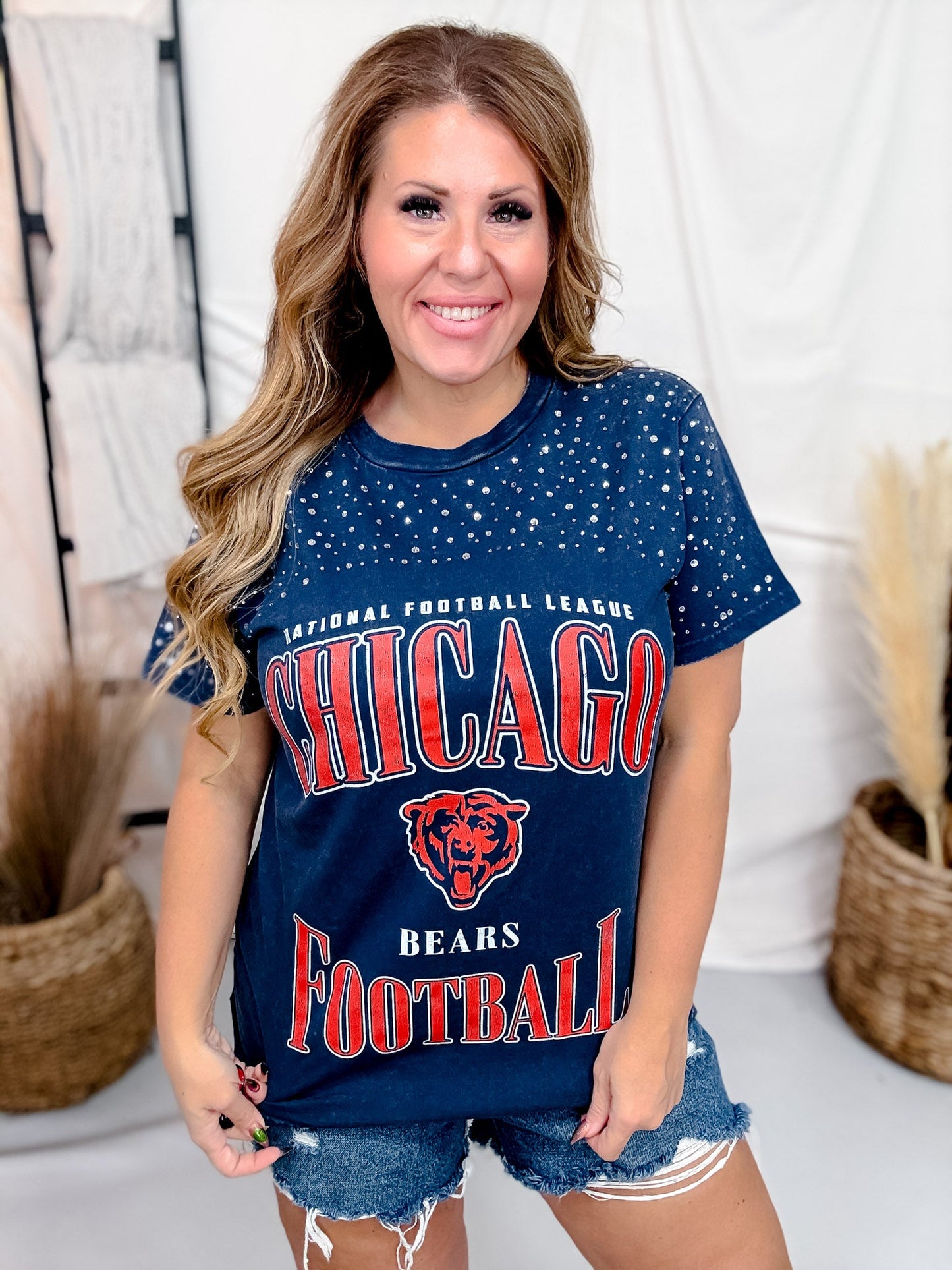 Vintage Wash Navy Licensed Chicago Bears Tee With Rhinestones - Whiskey Skies - GAMEDAY COUTURE