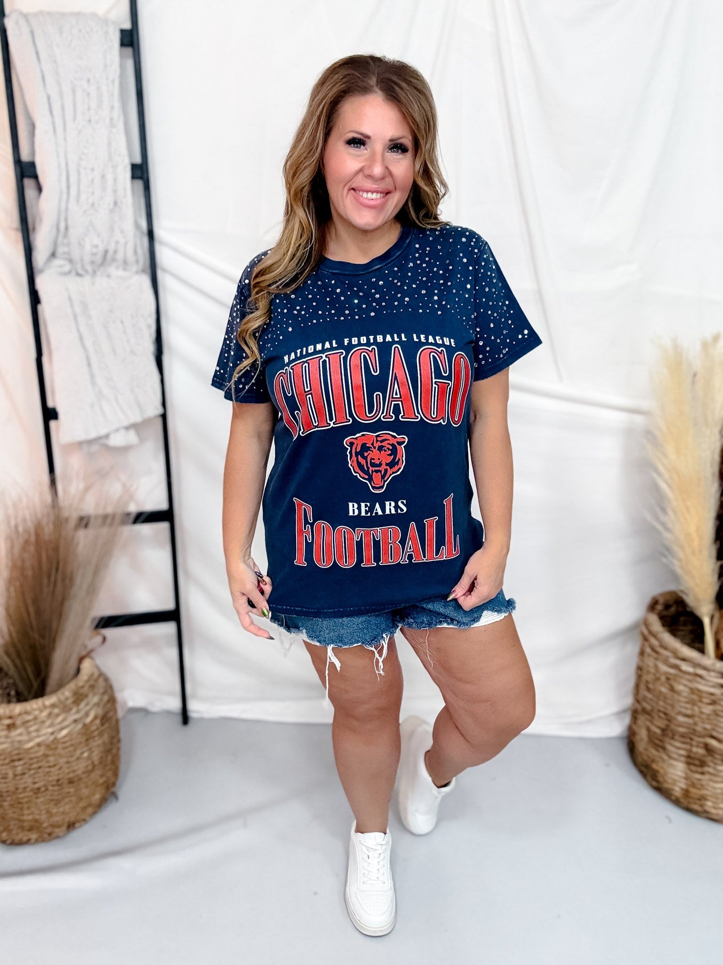 Vintage Wash Navy Licensed Chicago Bears Tee With Rhinestones - Whiskey Skies - GAMEDAY COUTURE