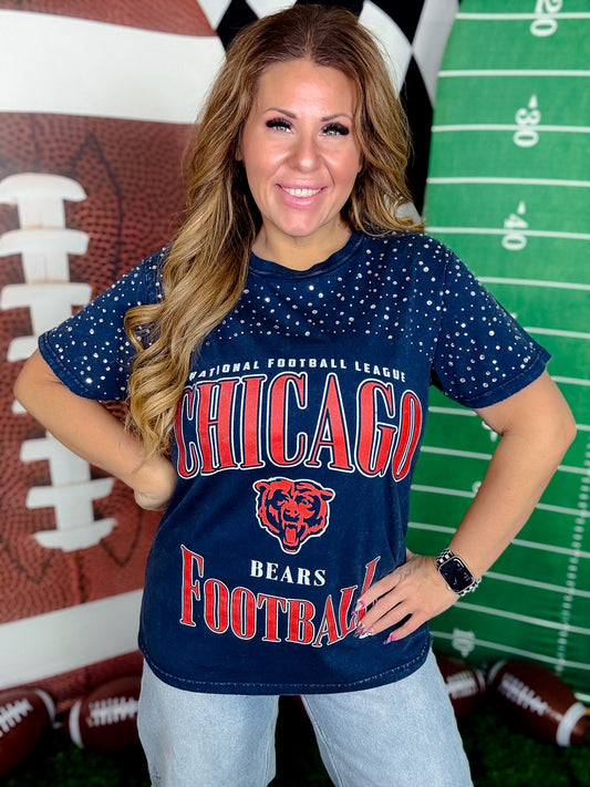 Vintage Wash Navy Licensed Chicago Bears Tee With Rhinestones - Whiskey Skies - GAMEDAY COUTURE