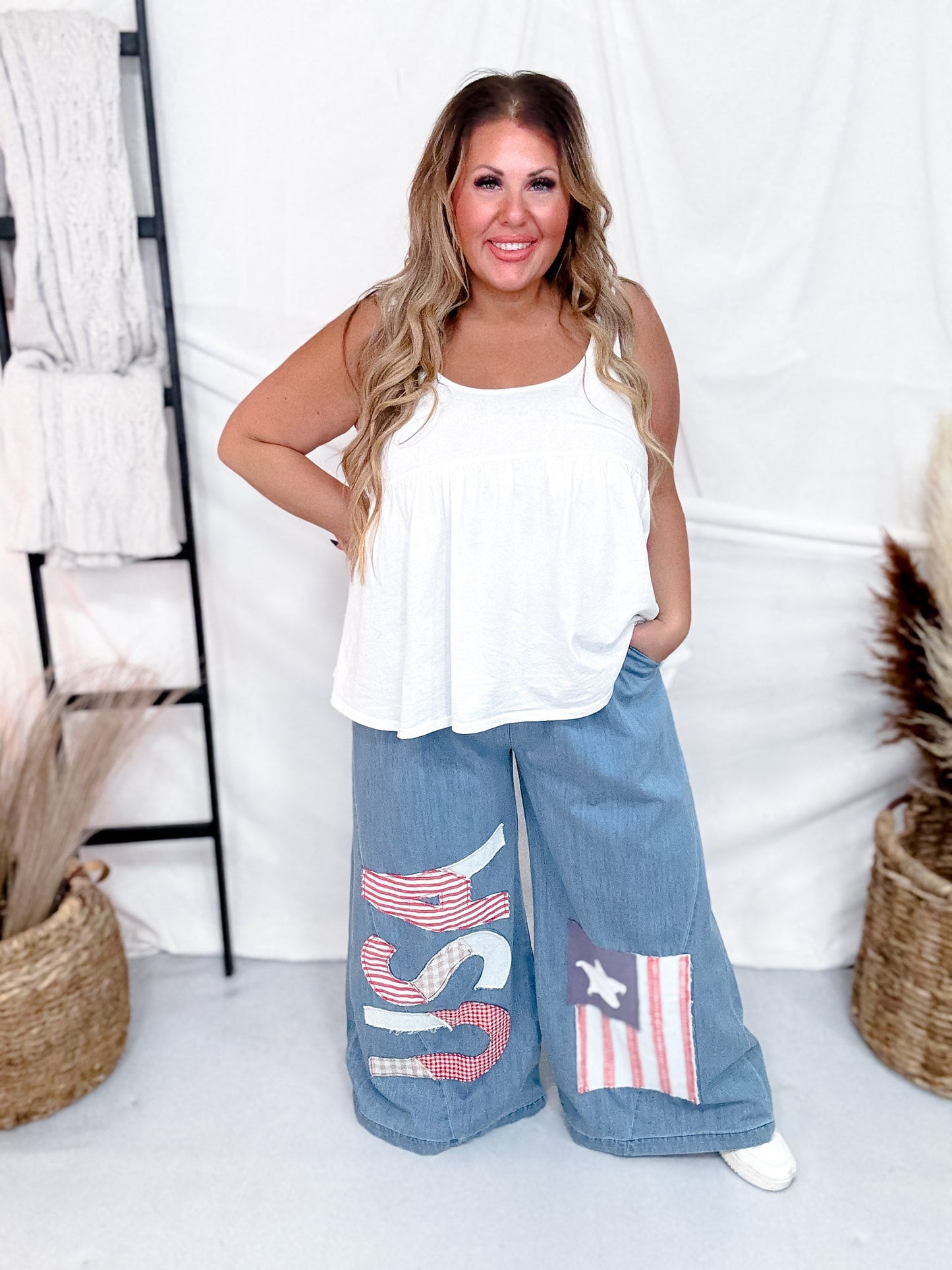 Vintage Washed American Flag & USA Patch Wide Chambray Pants - Whiskey Skies - BIBI