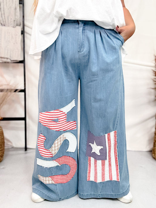 Vintage Washed American Flag & USA Patch Wide Chambray Pants - Whiskey Skies - BIBI