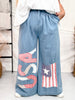 Vintage Washed American Flag & USA Patch Wide Chambray Pants - Whiskey Skies - BIBI