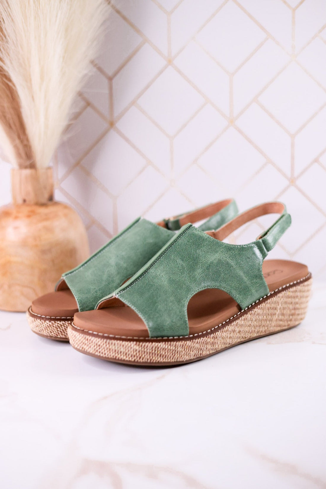 Volta II Leaf Green Wedge Sandals - Whiskey Skies - CORKYS FOOTWEAR