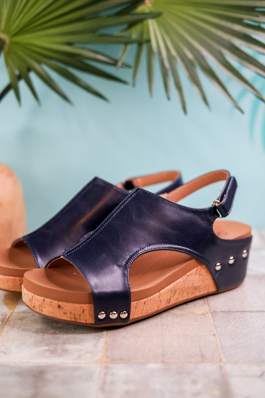 Volta Navy Wedge Sandals with Stud Accents - Whiskey Skies - CORKYS FOOTWEAR