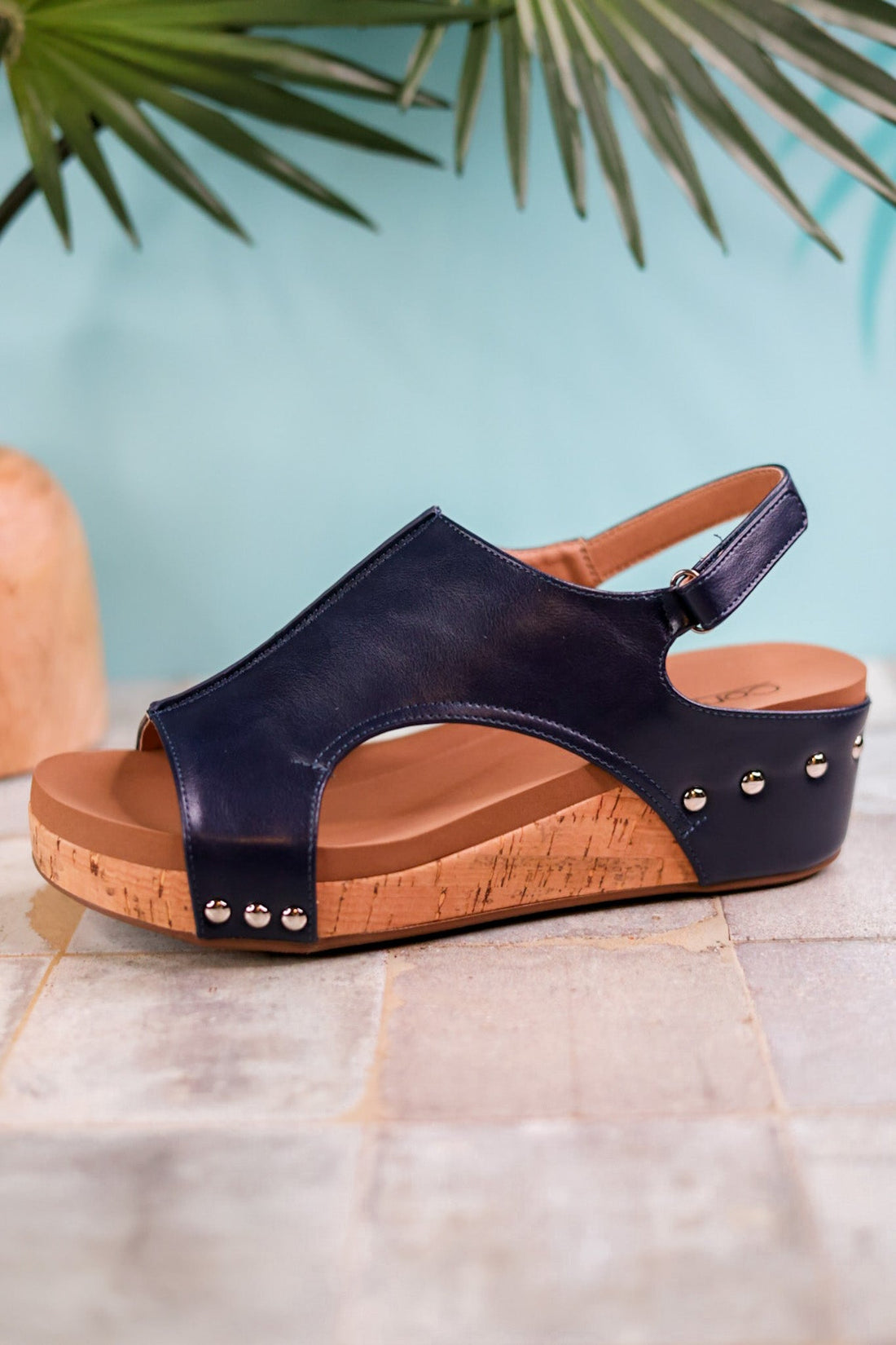 Volta Navy Wedge Sandals with Stud Accents - Whiskey Skies - CORKYS FOOTWEAR