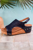 Volta Navy Wedge Sandals with Stud Accents - Whiskey Skies - CORKYS FOOTWEAR