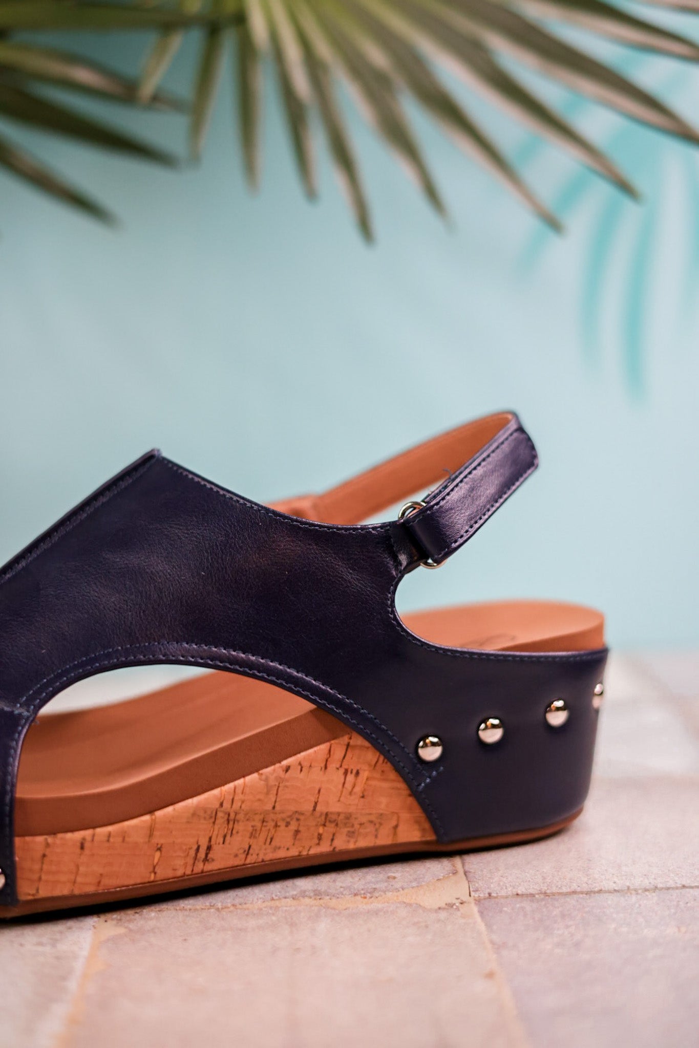 Volta Navy Wedge Sandals with Stud Accents - Whiskey Skies - CORKYS FOOTWEAR