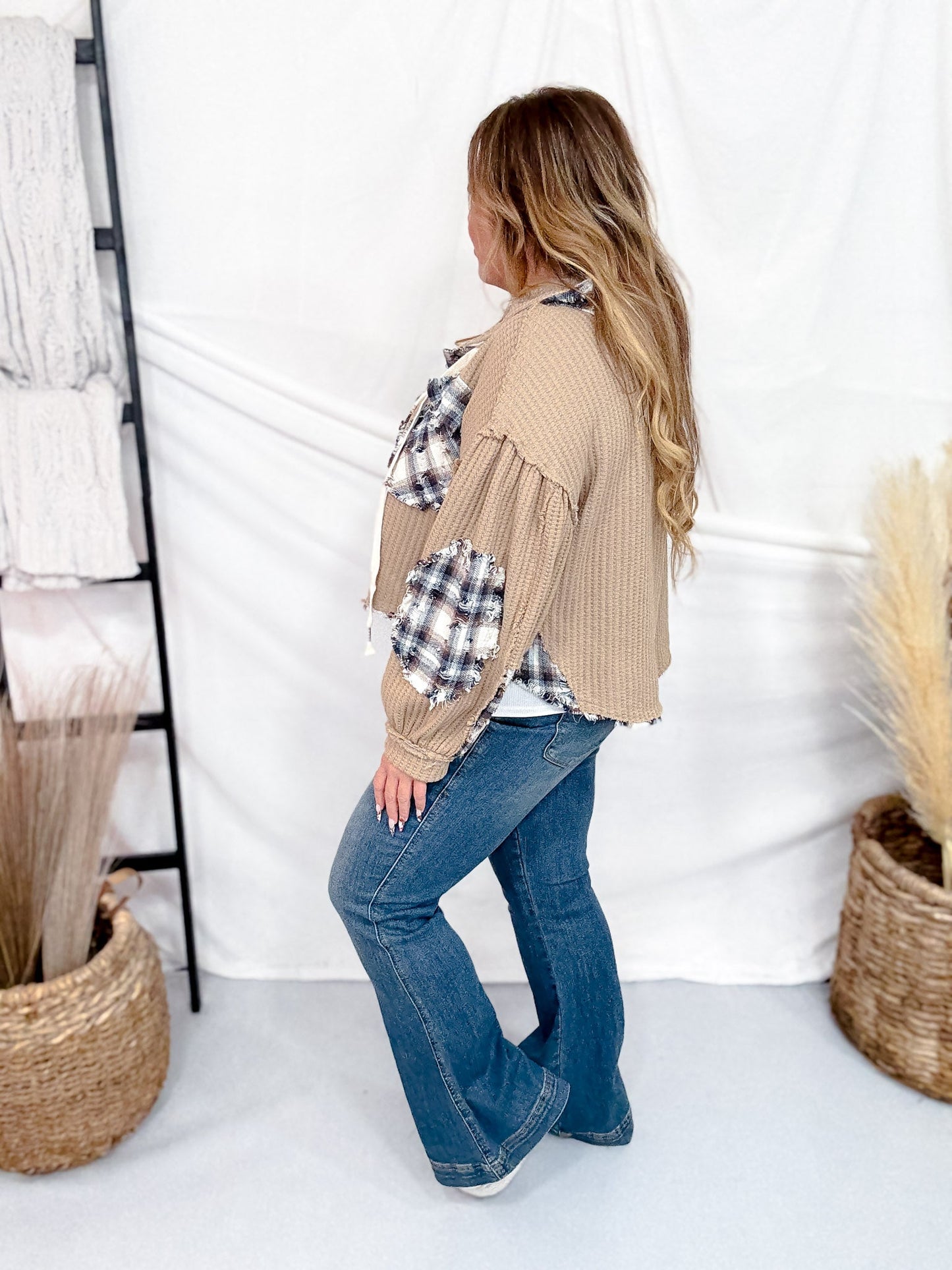 Waffle Knit Hi - Low Midi Hoodie With Plaid Accents - Whiskey Skies - POL CLOTHING INC.