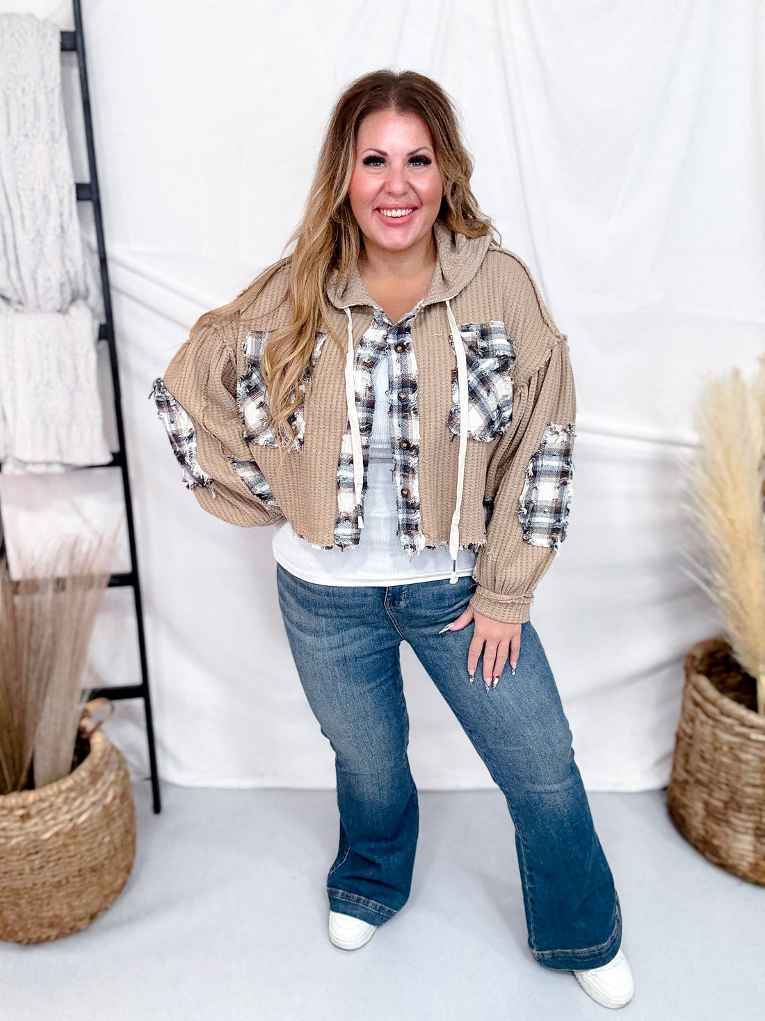 Waffle Knit Hi - Low Midi Hoodie With Plaid Accents - Whiskey Skies - POL CLOTHING INC.