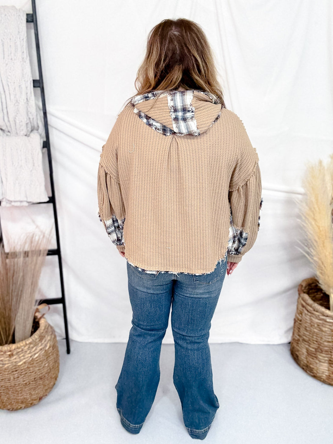Waffle Knit Hi - Low Midi Hoodie With Plaid Accents - Whiskey Skies - POL CLOTHING INC.