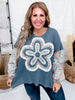 Waffle Knit Long Sleeve Patchwork Top With Flower Applique - Whiskey Skies - DAVI & DANI