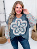 Waffle Knit Long Sleeve Patchwork Top With Flower Applique - Whiskey Skies - DAVI & DANI