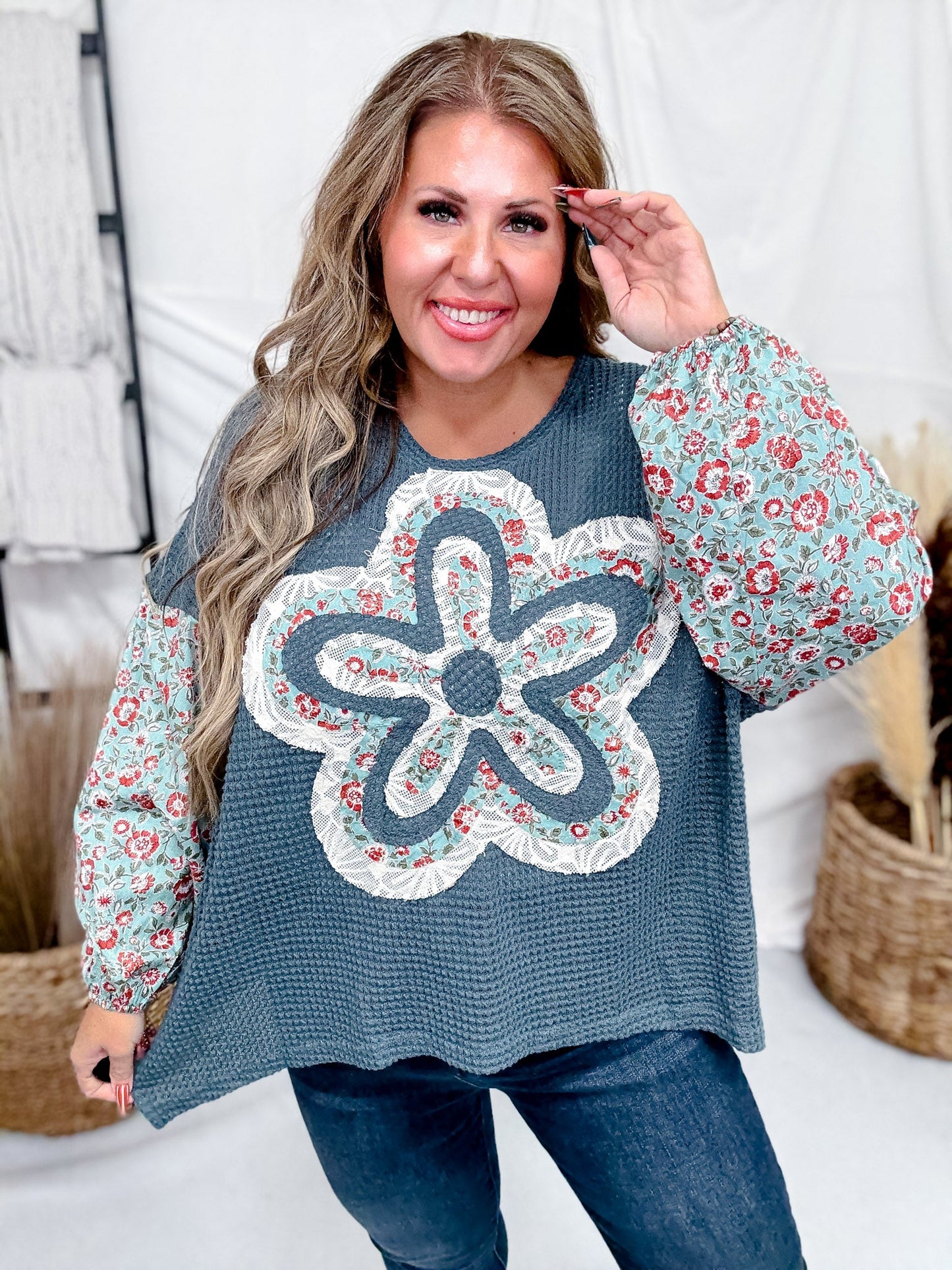 Waffle Knit Long Sleeve Patchwork Top With Flower Applique - Whiskey Skies - DAVI & DANI