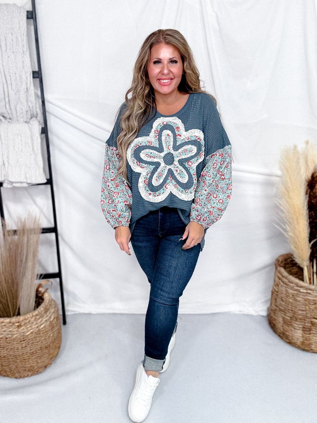 Waffle Knit Long Sleeve Patchwork Top With Flower Applique - Whiskey Skies - DAVI & DANI