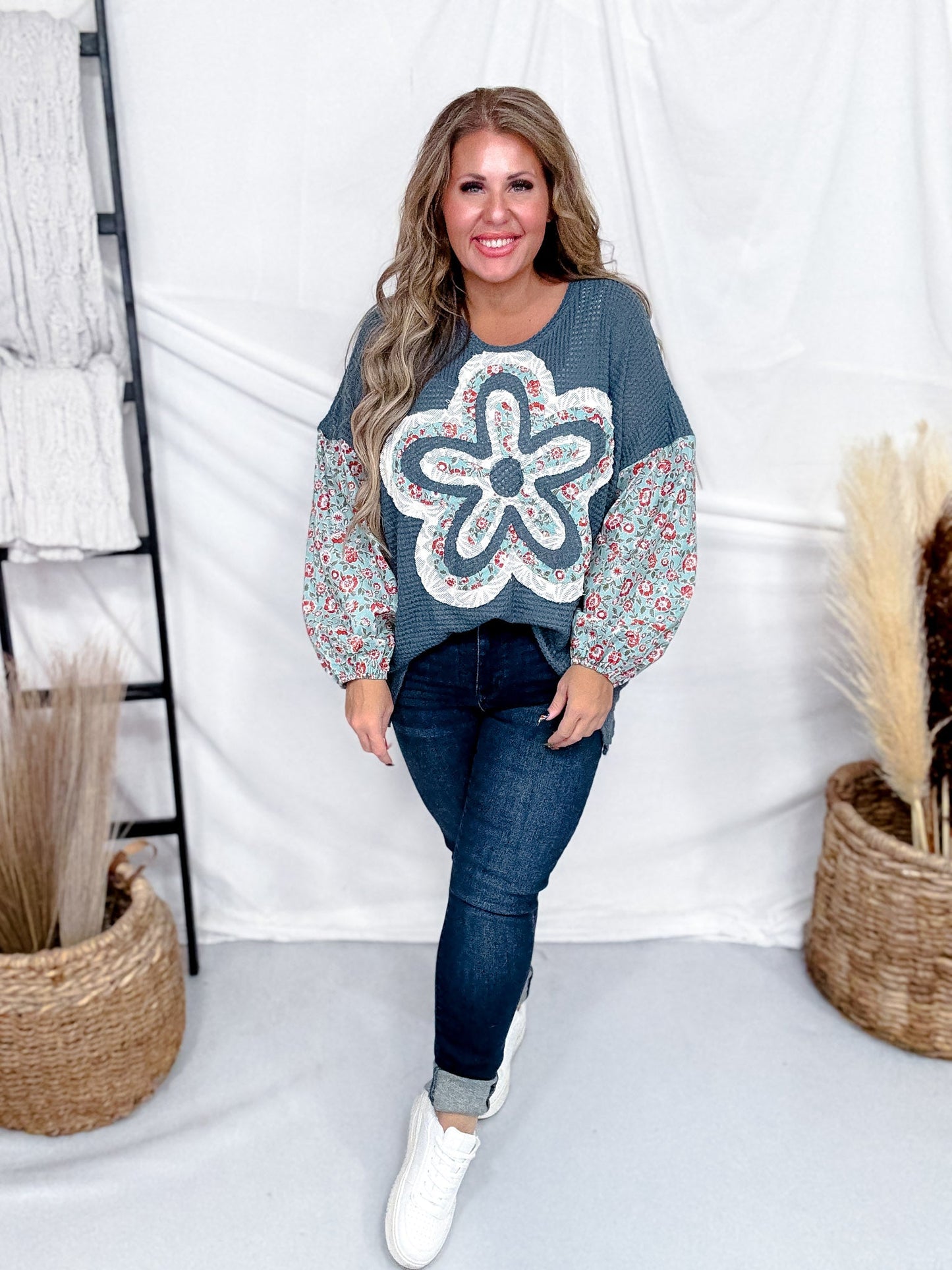 Waffle Knit Long Sleeve Patchwork Top With Flower Applique - Whiskey Skies - DAVI & DANI