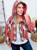 Waffle Knit Maroon Red Hi - Low Midi Hoodie With Plaid Accents - Whiskey Skies - POL CLOTHING INC.