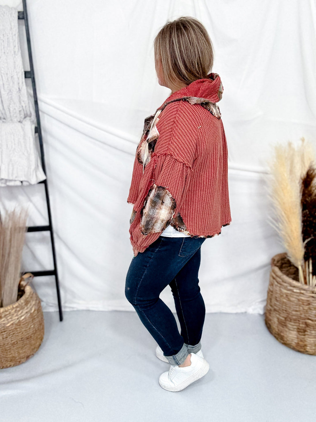 Waffle Knit Maroon Red Hi - Low Midi Hoodie With Plaid Accents - Whiskey Skies - POL CLOTHING INC.