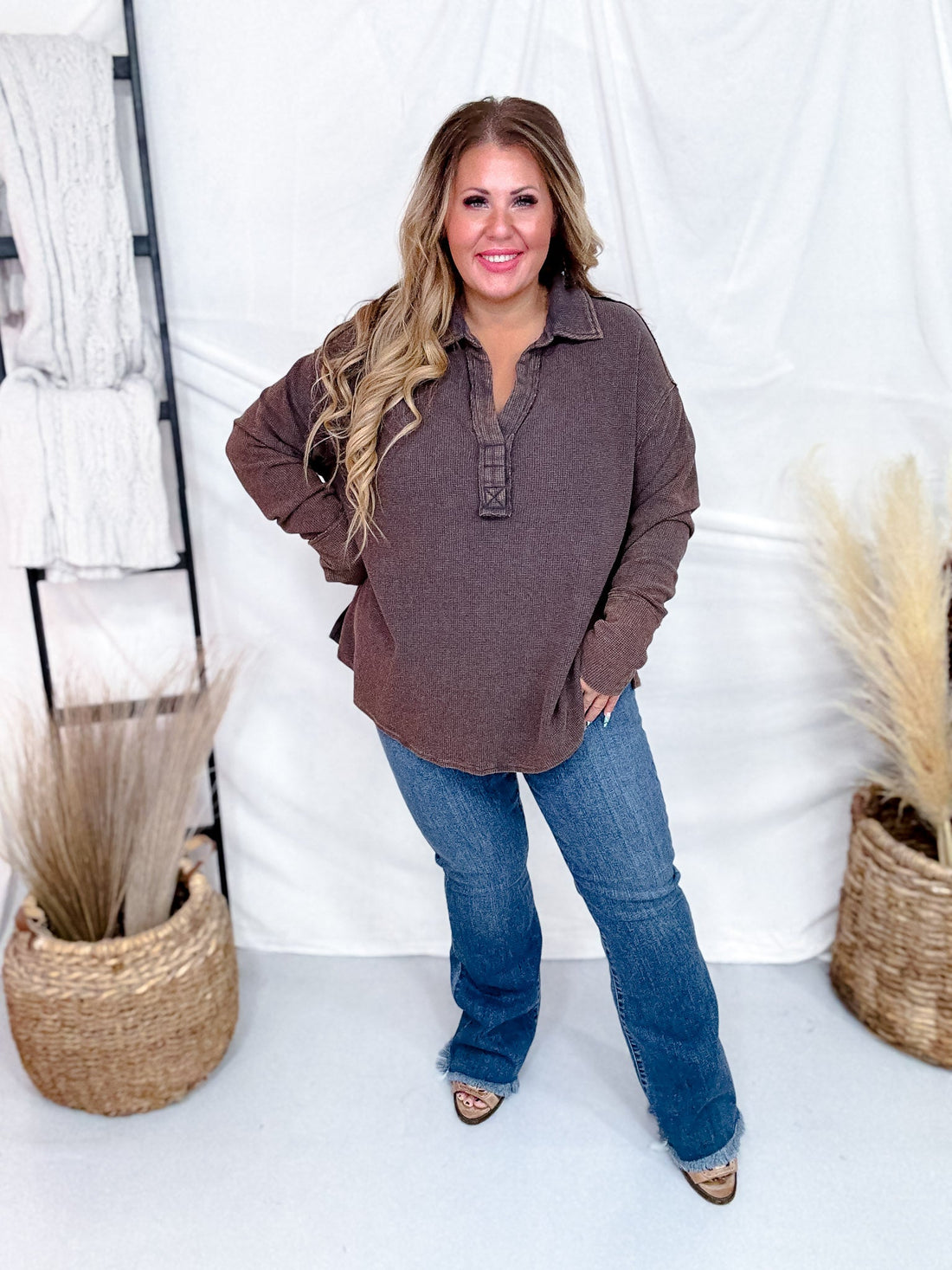 Waffle Knit V - Neck Long Sleeve Top In Espresso Brown - Whiskey Skies - ANDREE BY UNIT