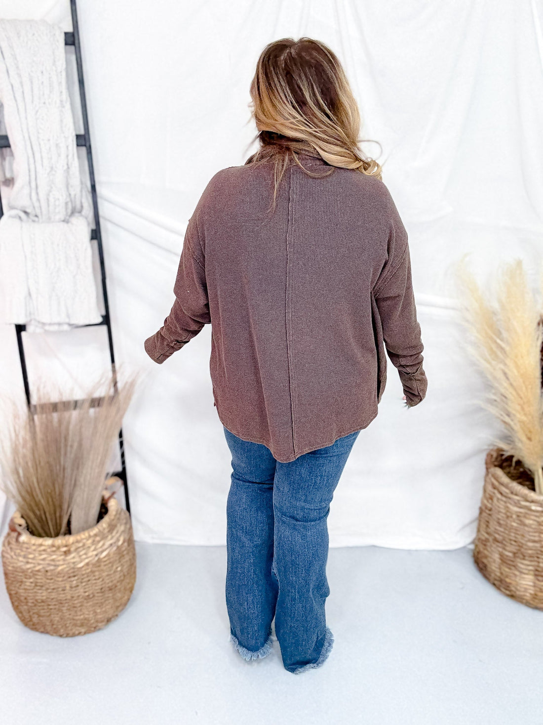 Waffle Knit V - Neck Long Sleeve Top In Espresso Brown - Whiskey Skies - ANDREE BY UNIT