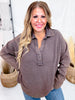 Waffle Knit V - Neck Long Sleeve Top In Espresso Brown - Whiskey Skies - ANDREE BY UNIT
