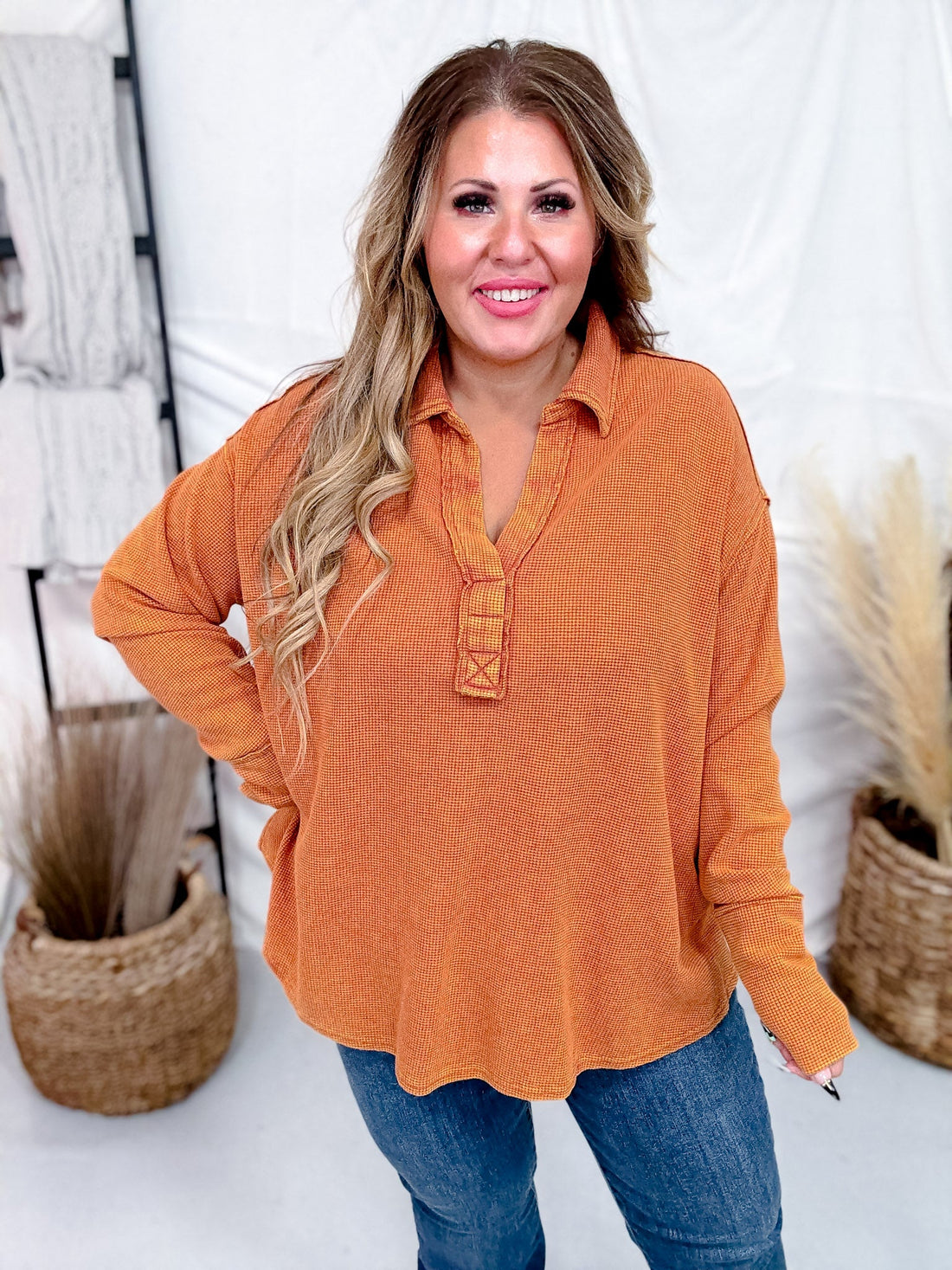 Waffle Knit V - Neck Top In Pumpkin - Whiskey Skies - ANDREE BY UNIT