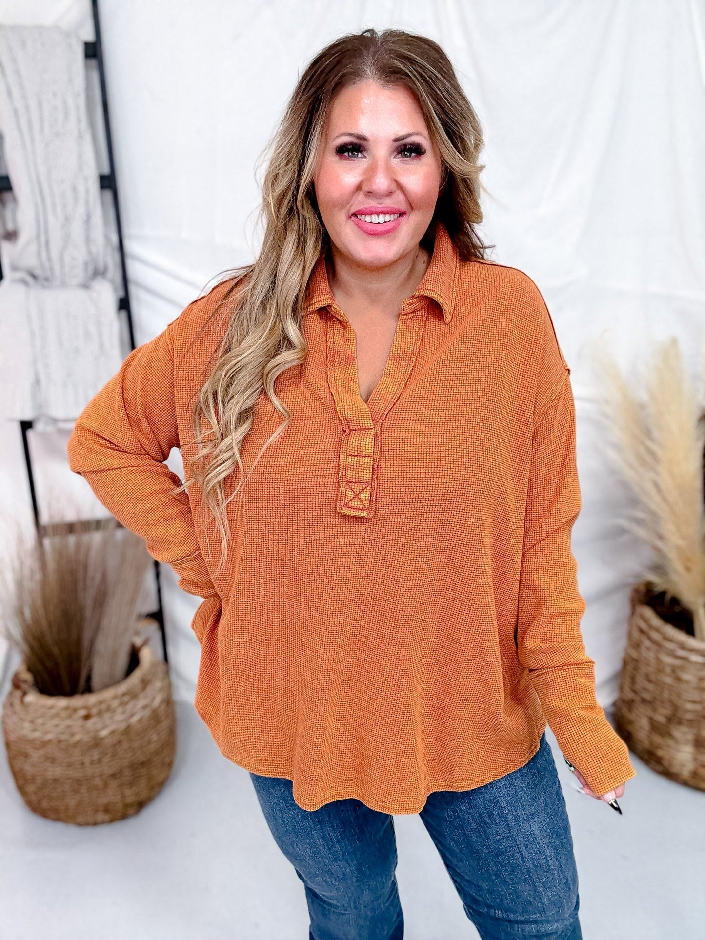 Waffle Knit V - Neck Top In Pumpkin - Whiskey Skies - ANDREE BY UNIT