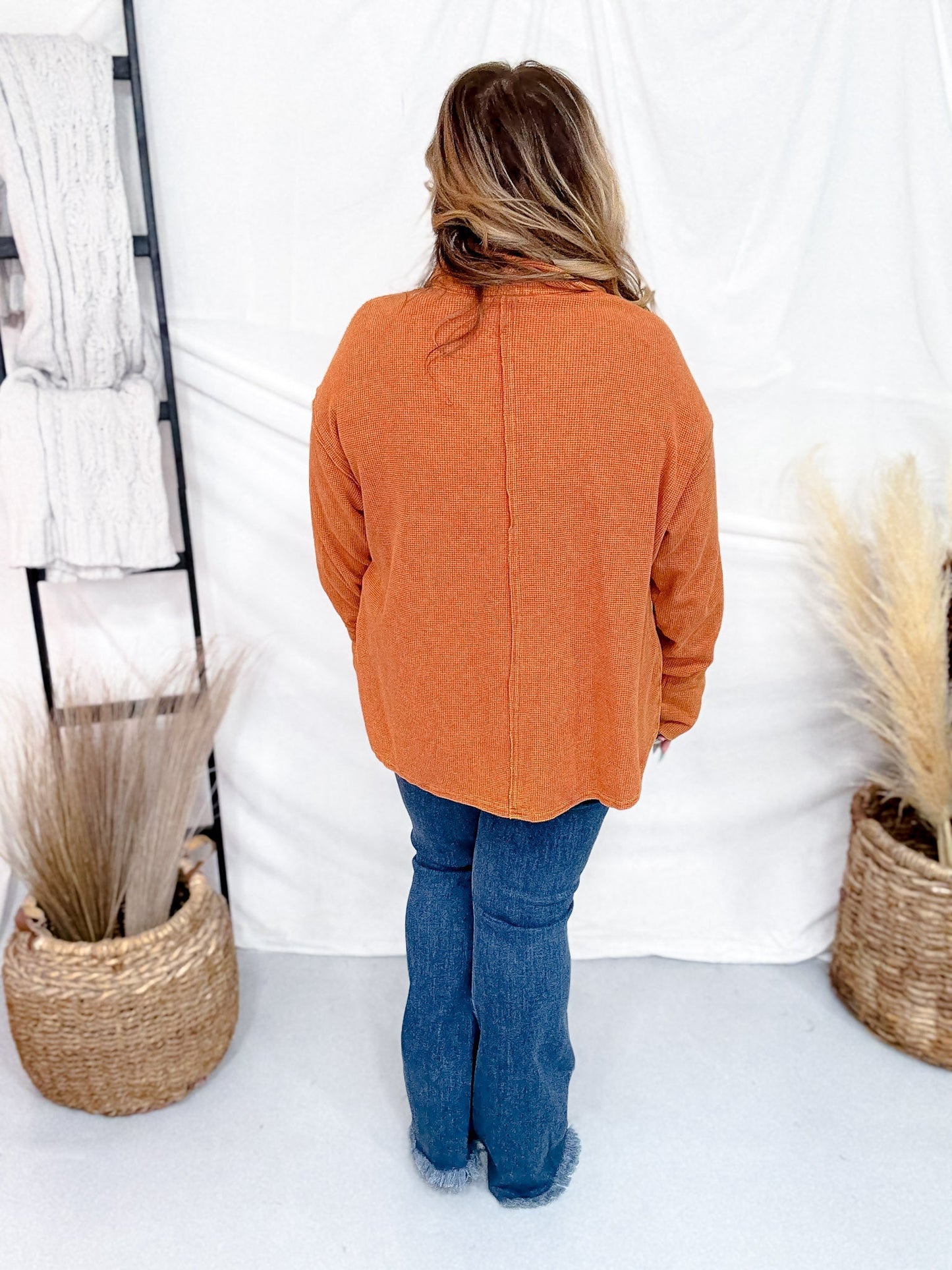 Waffle Knit V - Neck Top In Pumpkin - Whiskey Skies - ANDREE BY UNIT