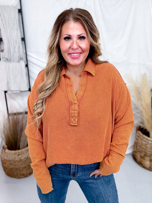 Waffle Knit V - Neck Top In Pumpkin - Whiskey Skies - ANDREE BY UNIT