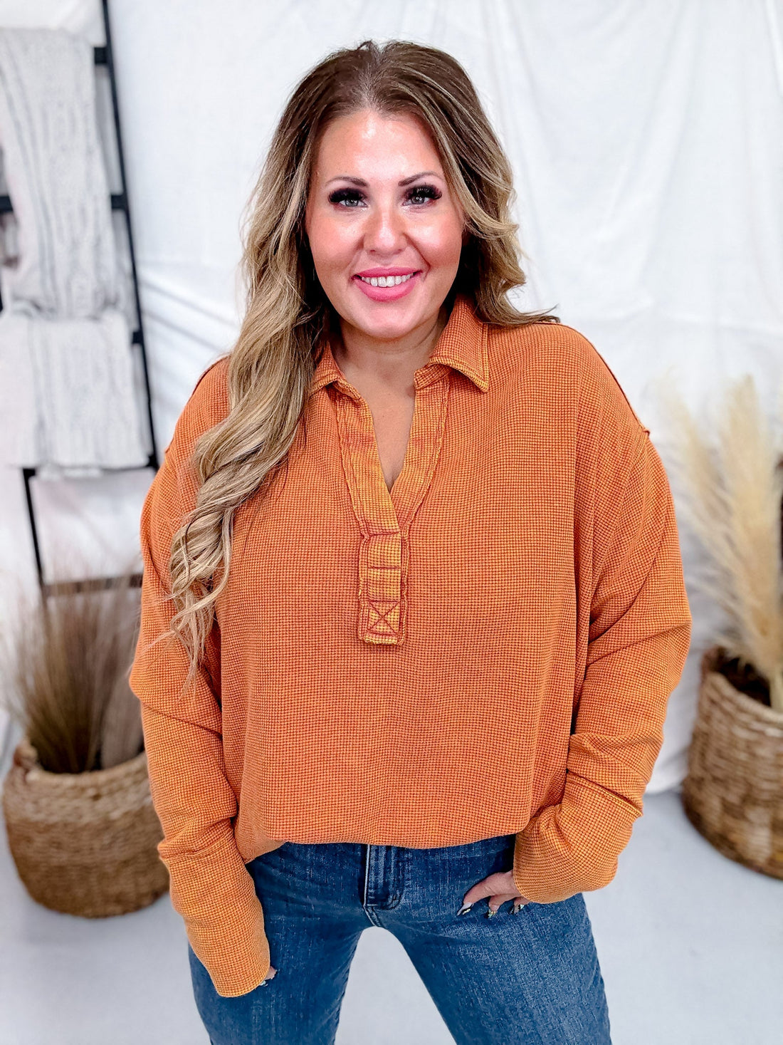 Waffle Knit V - Neck Top In Pumpkin - Whiskey Skies - ANDREE BY UNIT