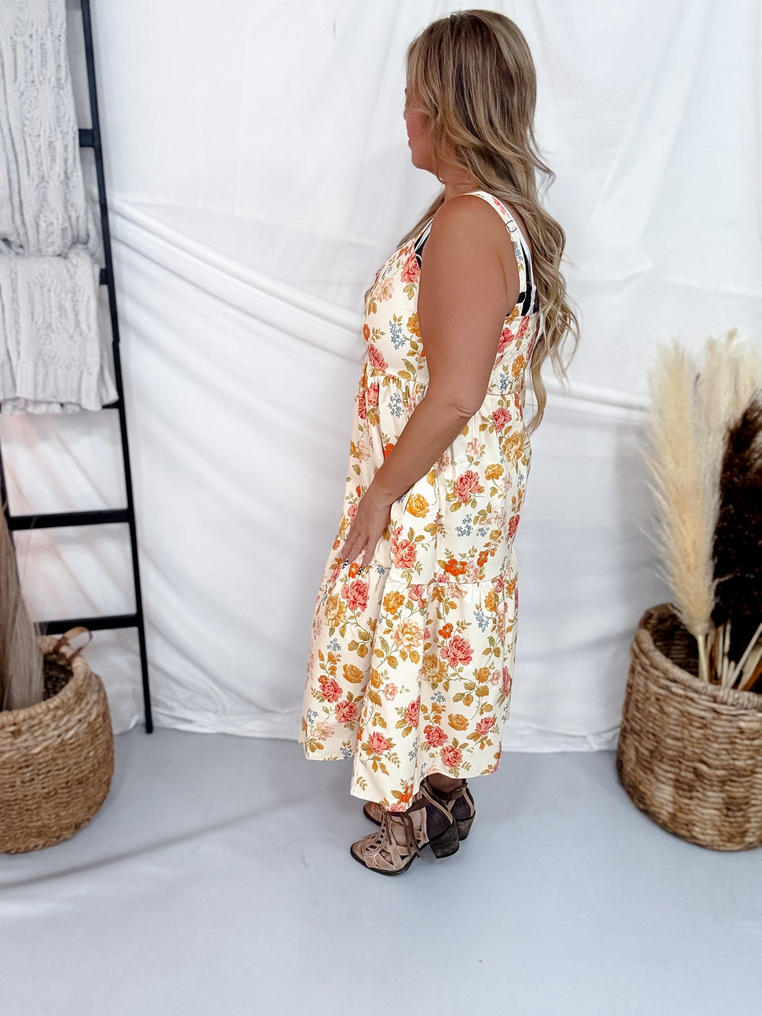 Warm Toned Floral Print Scalloped Edge Midi Dress - Whiskey Skies - POLAGRAM + BAEVELY